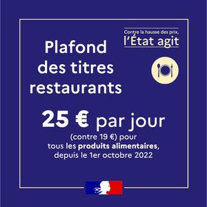 Le plafond journalier des titres-restaurant augmente de 19 à 25 euros.
