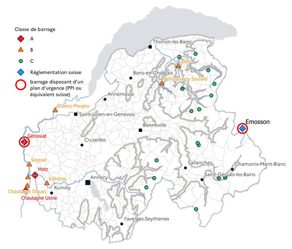 Carte des barrages situés aux alentours du département